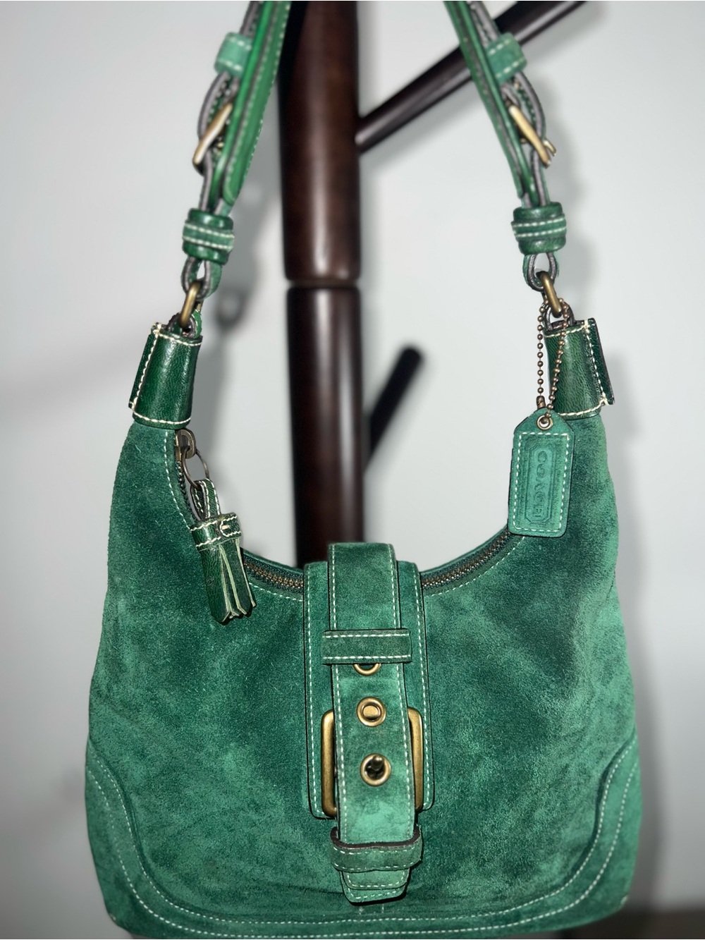 Coach Green Suede Hobo Shoulder Bag with Gold Hardware